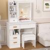 Vanity Desk with Sliding Mirror, Bedroom Dressing Table, Makeup Table with 5 Drawers & Shelves, Hidden Storage Space