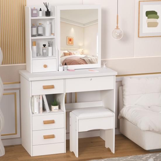 Vanity Desk with Sliding Mirror, Bedroom Dressing Table, Makeup Table with 5 Drawers & Shelves, Hidden Storage Space