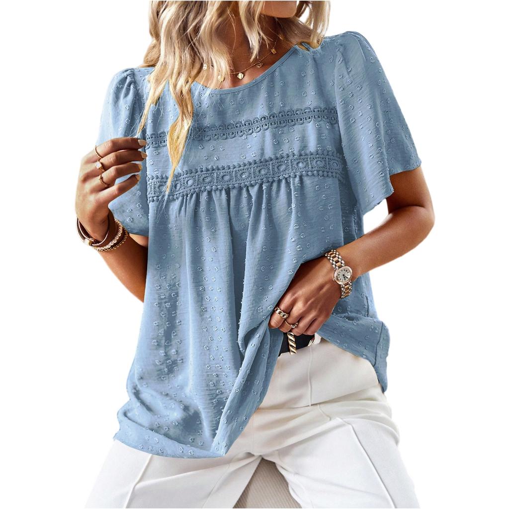 Women Casual Loose Fit Round Neck Short Sleeve Top Literary Style Solid Patchwork Pullover Blouse for Daily Wear Office School
