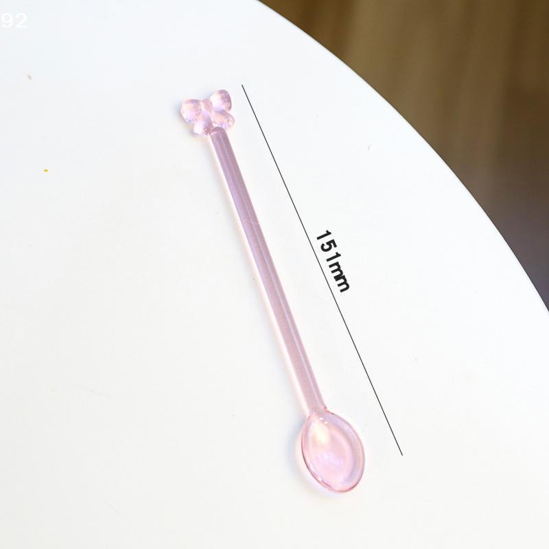 Pink Bow Glass Coffee Spoon, Long-handled Dessert/milk Tea Stirring Spoon, Heat-resistant Teaspoon, Household Kitchen Tool.