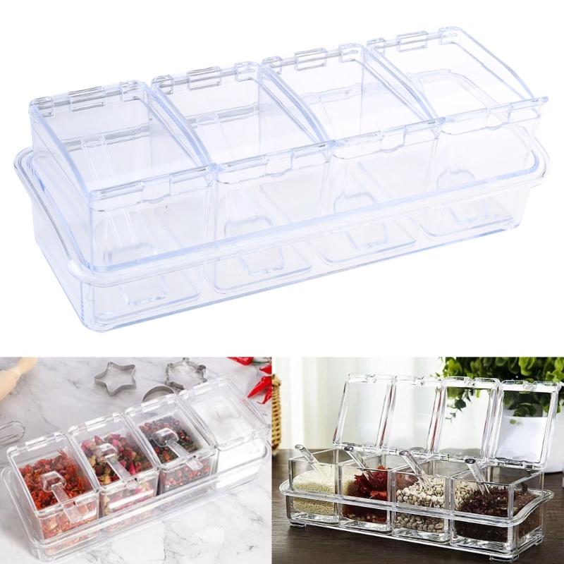 Convenient Seasoning Container 4 Compartment Condiment Storage Box Transparent Spices Container Organization Tool