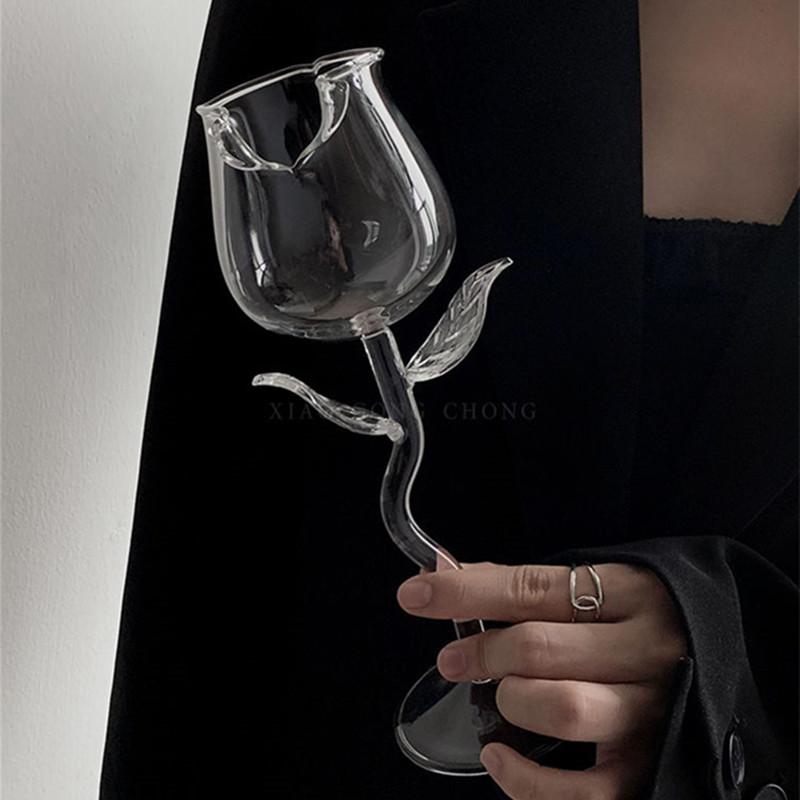 Creative Cocktail Glass Clear Rose Shape Wine Glass with Clear Leaves Glasses Shot Glass Cup Wedding Table Decoration Gift