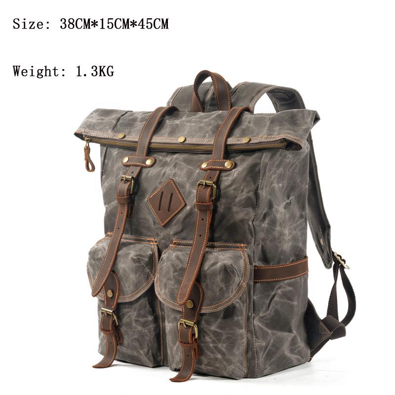 Men's Retro Waxed Canvas Backpack with Leather Trim, Multi-Pocket Design, Large Capacity for Outdoor Travel