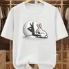 Creative Rabbit Hand Shadow Full Moon Print T Shirt Minimal Cute Bunny Cartoon Crew Neck Casual Streetwear Tee