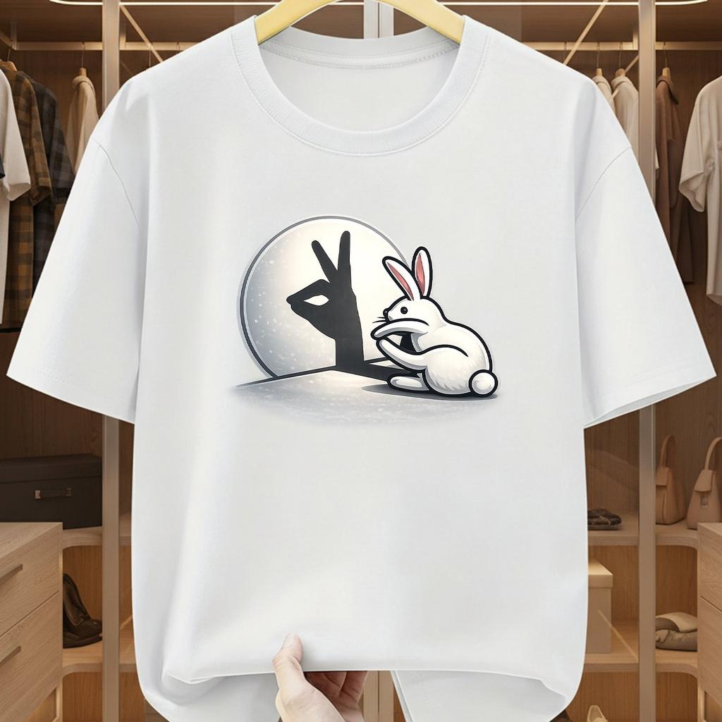 Creative Rabbit Hand Shadow Full Moon Print T Shirt Minimal Cute Bunny Cartoon Crew Neck Casual Streetwear Tee