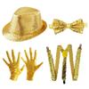 Shiny Sequined Hat Tie Gloves Set Masquerade Disco Stage Performance Costume  for Men Women