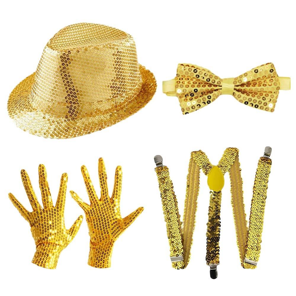 Shiny Sequined Hat Tie Gloves Set Masquerade Disco Stage Performance Costume  for Men Women