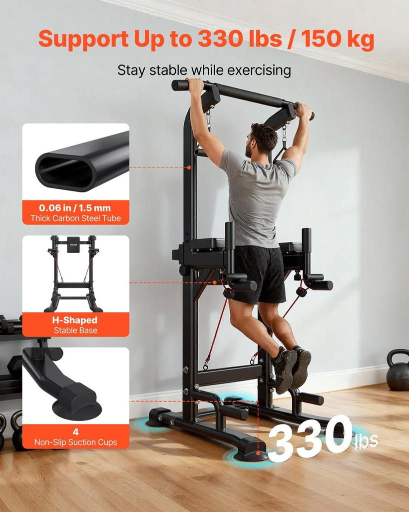 Pull Up Bar, 150kg Power Tower Dip Station, Workout Dip Station with H-Shaped Stable Base & Back Pad, Adjustable 12 Level Height Free Standing Chin Up