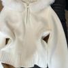 Women Autumn Winter Hooded Faux Fur Collar Sweater Coat Jacket Women Zipper Cardigan Female Long Sleeve White Knitted Sweaters
