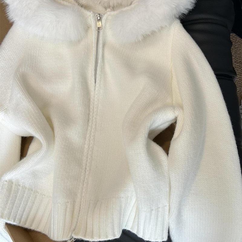 Women Autumn Winter Hooded Faux Fur Collar Sweater Coat Jacket Women Zipper Cardigan Female Long Sleeve White Knitted Sweaters