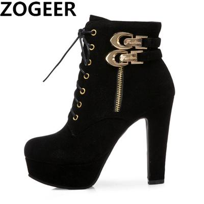 Fashion Fashion Women's Ankle Boots High Heeled Platform Short Boot Female Buckle Flock Zipper Gray Ladies Party Shoes Large Size 50