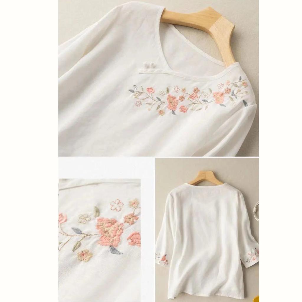 Damen Baumwolle Leinen Farbe 3/4 Ärmel Hemd Rundhals Locker Bluse Pullover Top