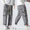 Men Summer Casual Jeans Elastic Drawstring Waist Straight Wide Leg Denim Pants Multi Pockets Design Long Trousers Streetwear