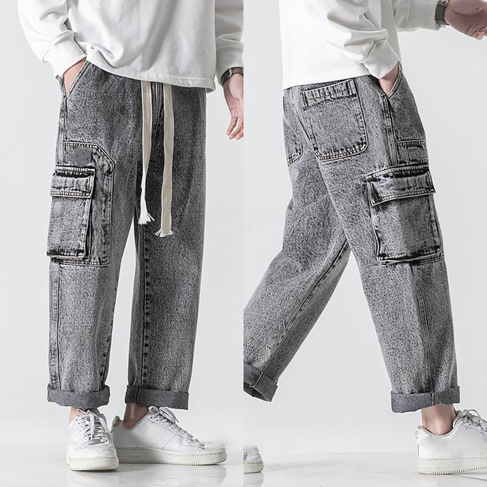 Men Summer Casual Jeans Elastic Drawstring Waist Straight Wide Leg Denim Pants Multi Pockets Design Long Trousers Streetwear