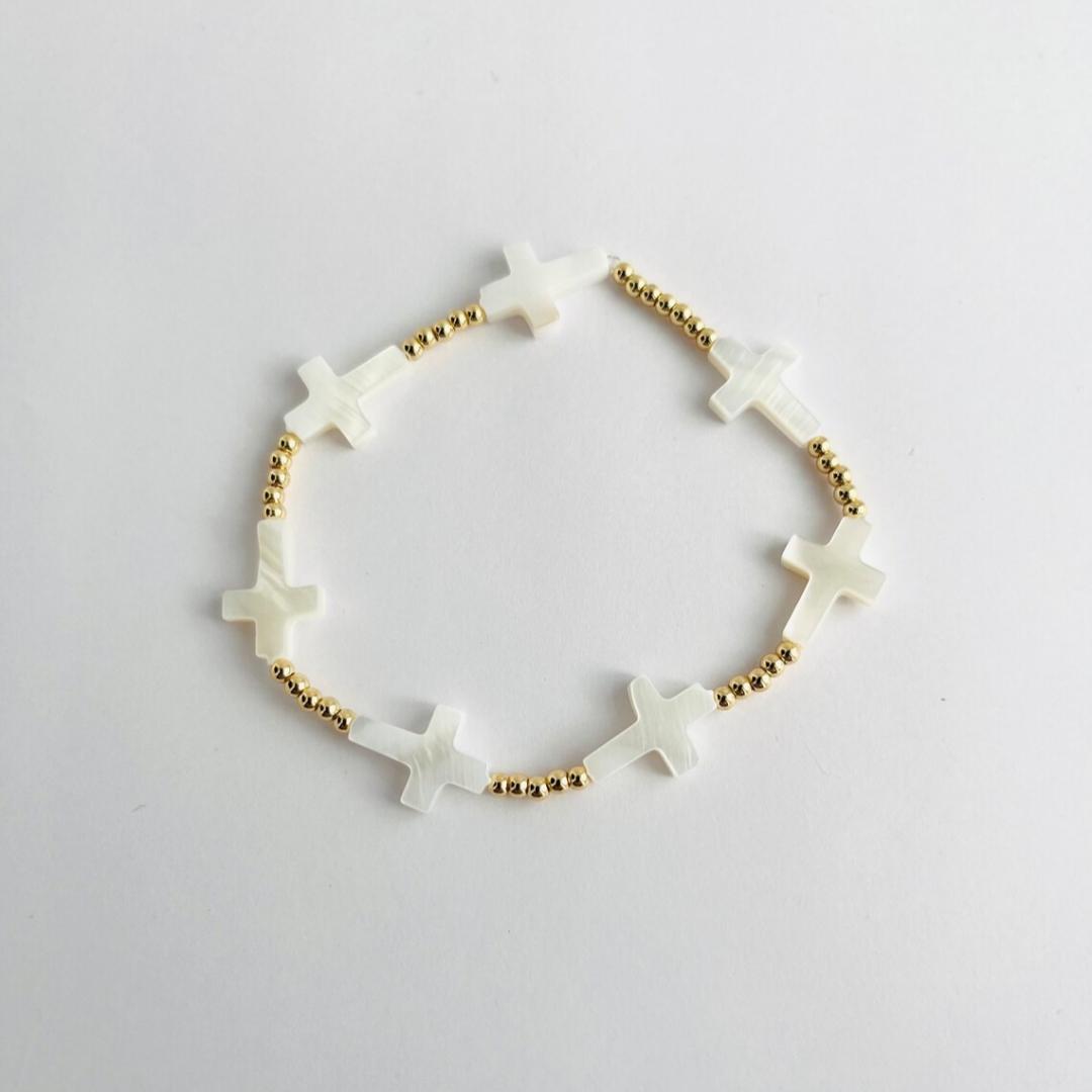 

Vlen Natural Shell Cross Bracelet for Women Stretchy Christian Jewelry 18K Gold Plated Beads Bracelets Dainty Pulseras Femme
