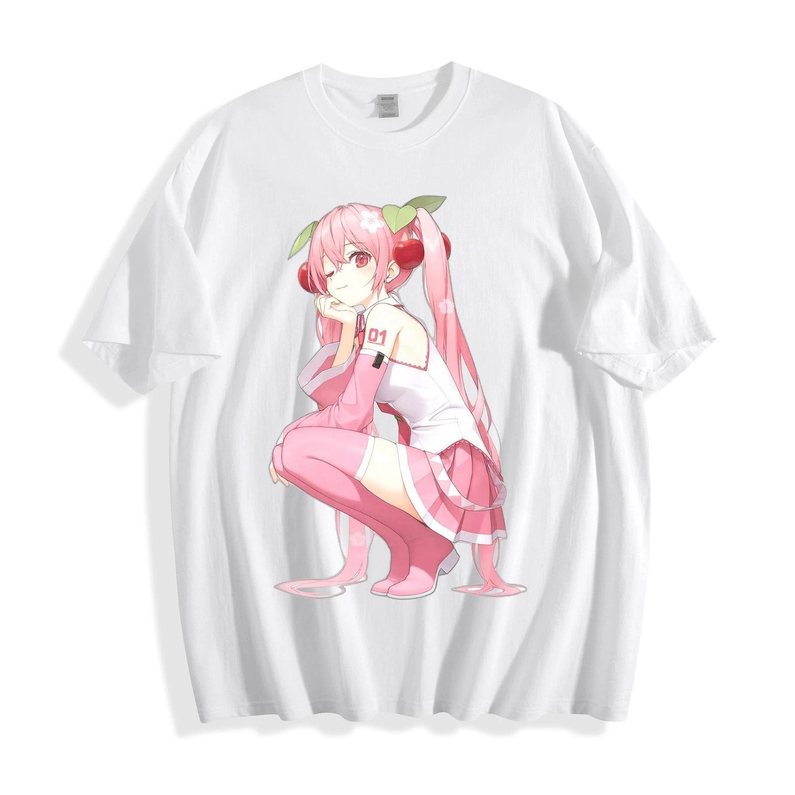 Hatsune Miku Cherry Sakura Tee - Squatting Cherry Hair Kawaii Vocaloid T-Shirt L