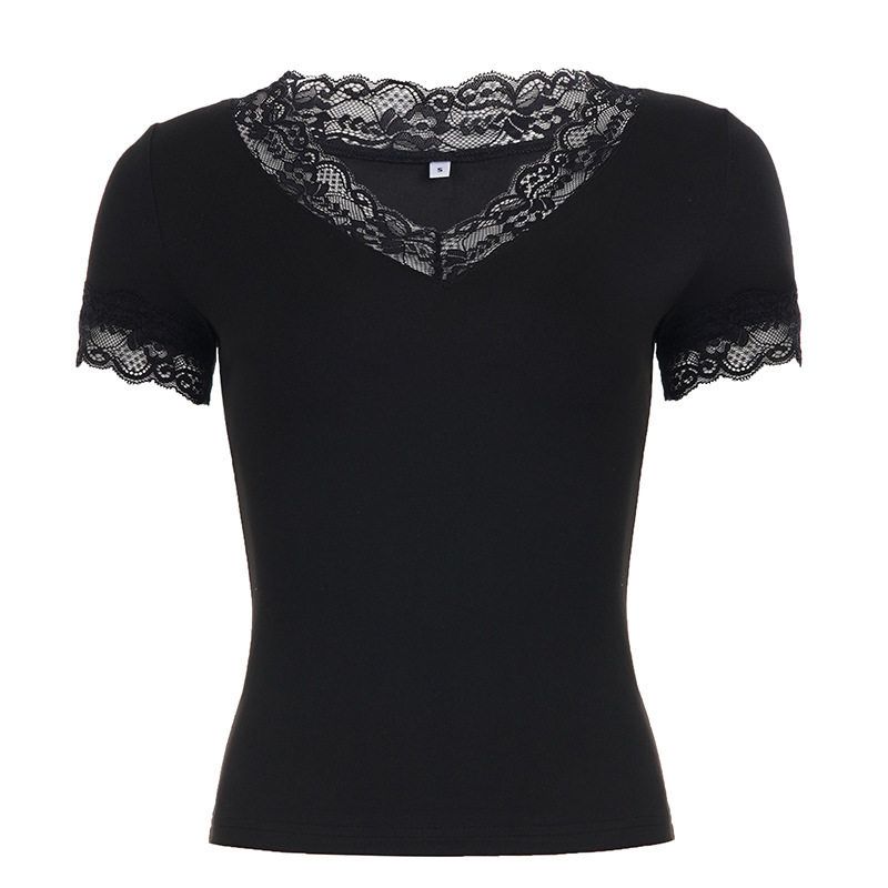 American-Style Spicy Retro Lace V-Neck Short-Sleeve T-Shirt for Women, 2026 Spring/Summer Niche Casual Black Slim-Fit Top Black S