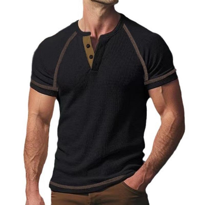 Men s Casual Waffle Knit Contrast Trim Henley Short Sleeve T-Shirt minimalist S чёрный