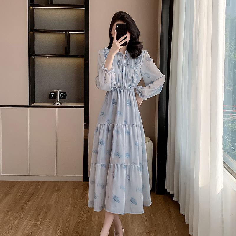 Spring French Luxury Long Chiffon Dress with Korean Ruffles and Elastic Waist for Women