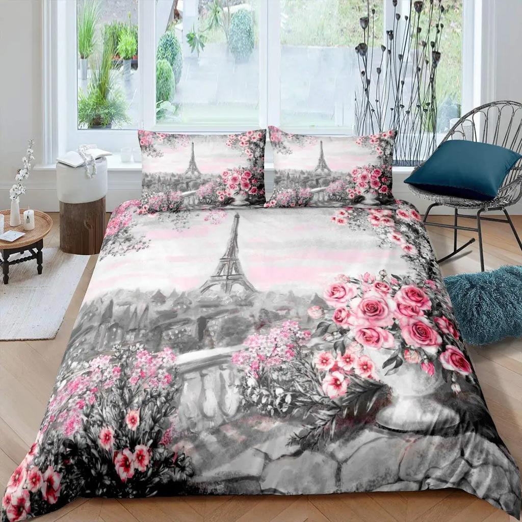 Housse de Couette Tour Eiffel Romantique Moderne Bâtiment de Ville de Paris Rouge et Bleu Housse de Couette pour Couple Accessoires Décor pour Adolescente