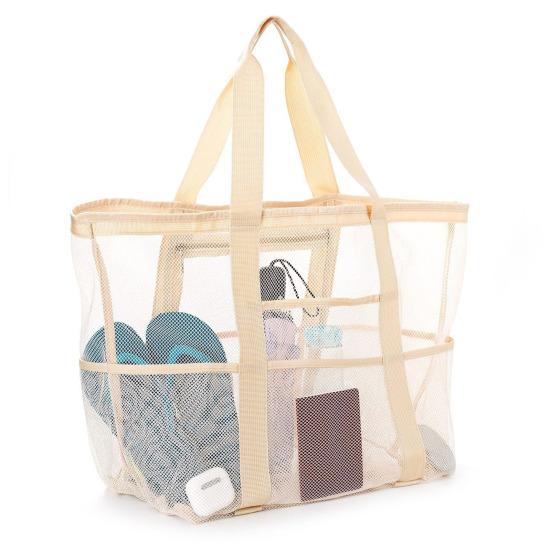 Netz-Strandtasche mit Reißverschluss, großes Fassungsvermögen, Strandtasche, faltbares Design, wasserdicht, sanddicht, Pooltasche mit Fächern