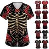 Women's V-Neck Short Sleeve Scrub Top with Pockets and Halloween Print for Caregiver Uniform