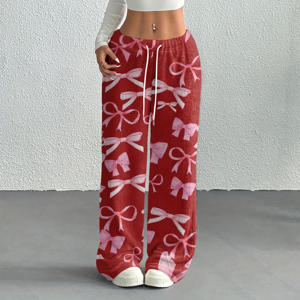 Women's Casual Fashion Printed Elastic Waist Loose Straight Leg Pants With Rope