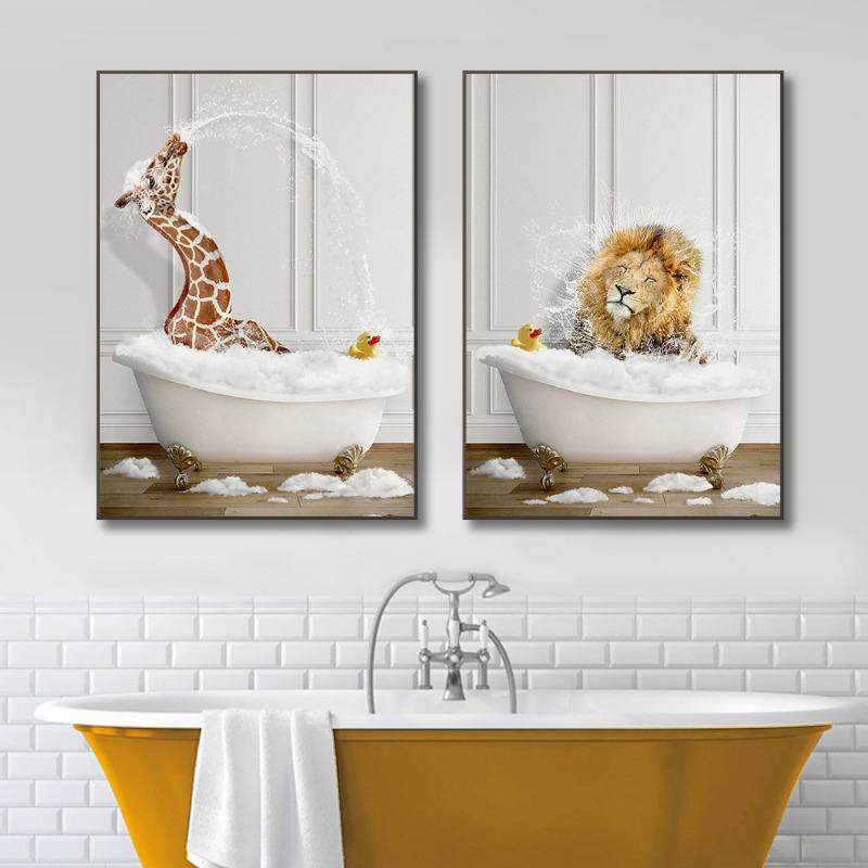Funny And Cute Animal Canvas Prints Bathroom Wall Art Posters Highland Cow Giraffe Lion Take Shower Pictures For Washroom Decor