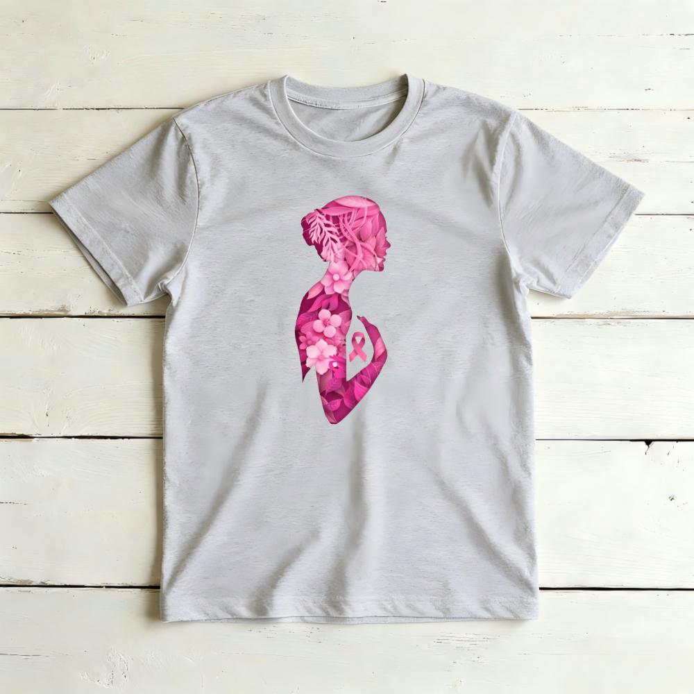 vFloral Silhouette Blackunisex Pink Ribbon Graphicunisex Summer Cotton T Shirt Inspirational Breast Cancer Short Sleeve Garment