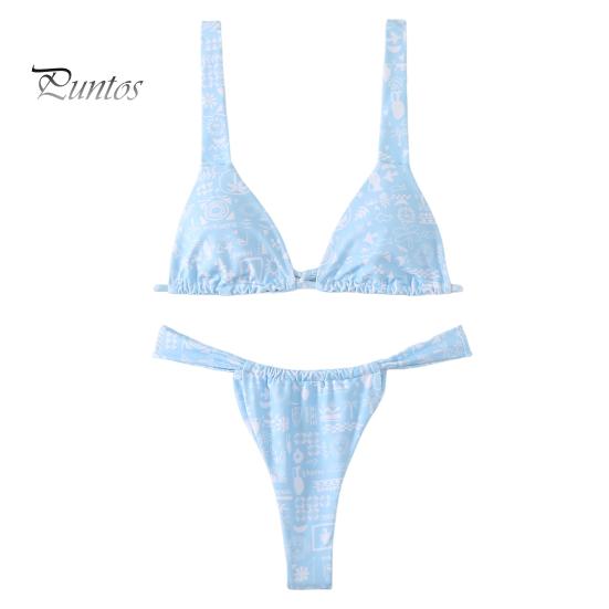 

2 шт./компл. женский сексуальный комплект бикини с цветочным принтом, бюстгальтер с v-образным вырезом, трусы с высокой талией, быстросохнущий купальник, двусторонний пляжная одежда M светло-синий