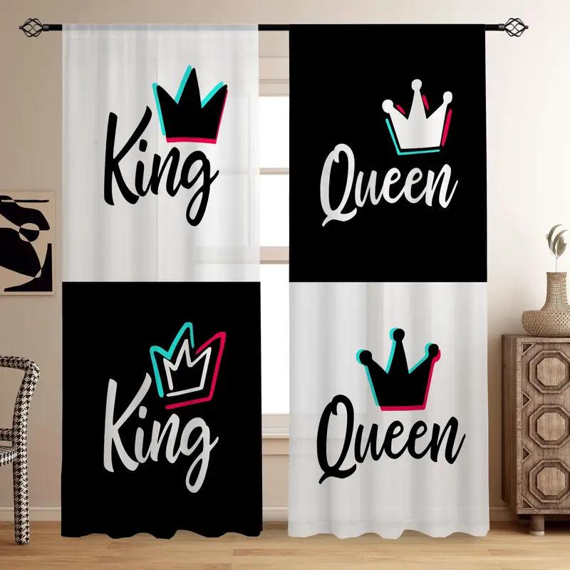 Simple King and Queen Crown Print Window Curtains, Black and White Color, Creative, Bedroom, Living Room, Kitchen