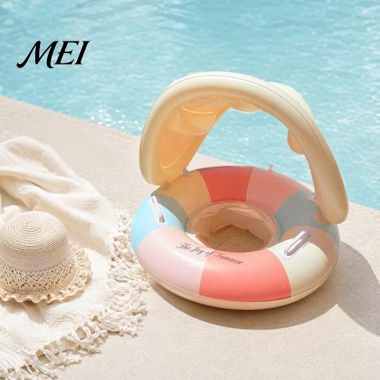 Schwimmring mit Verdeck Baby-Poolschwimmer Verdeck, Vintage Gestreifter Aufblasbarer Schwimm-Sicherheits-Kleinkindersitz & Griff, Sonnenschutz für