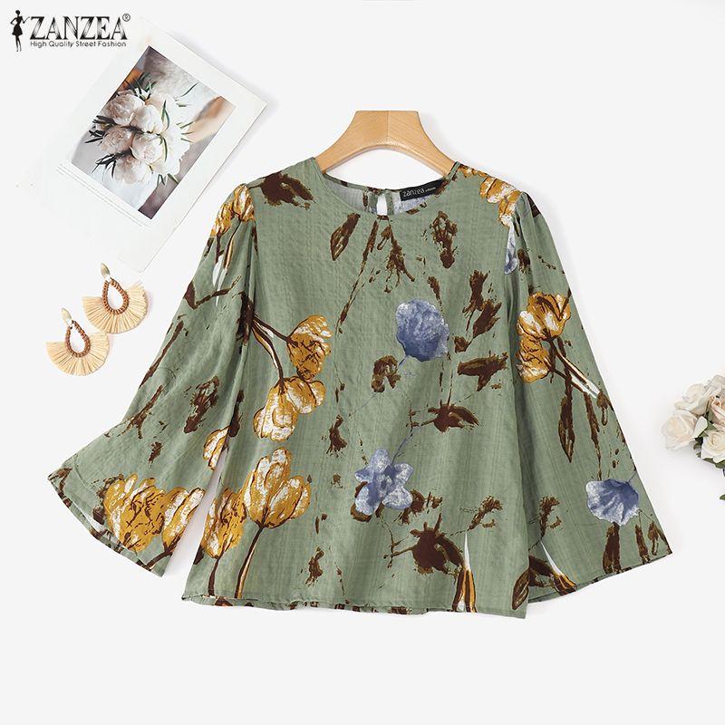 ZANZEA Women Casual Round Neck Summer 3/4 Sleeve Print Blouse