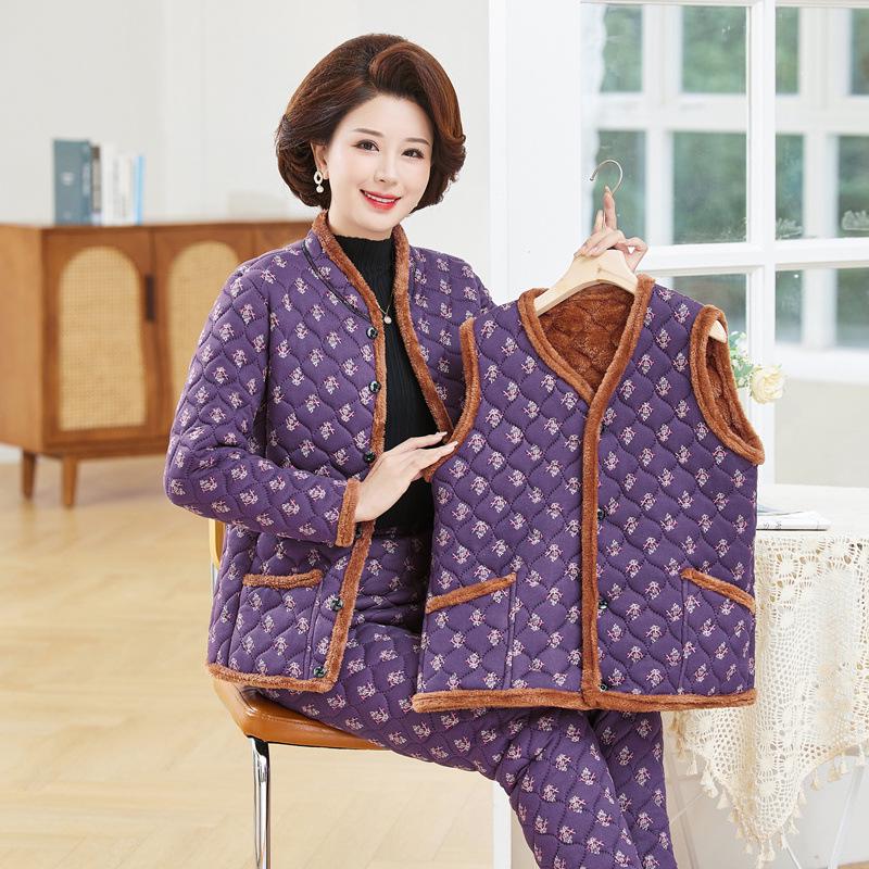 Women's Winter 3-Piece Set: Silk Cotton Coat & Outerwear for Middle-Aged