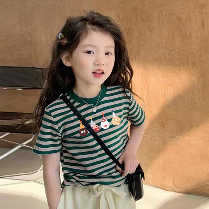 Girls Summer Cotton Striped Short Sleeve T Shirt Cartoon Print Round Neck Top Casual Base Layer Tee