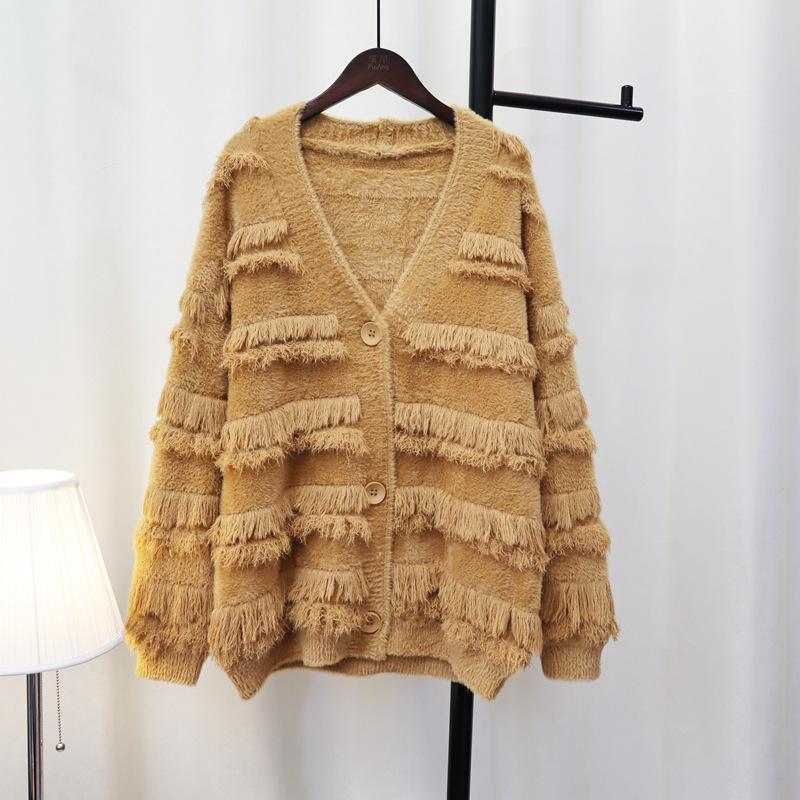 Imitation Mink Velvet Knitted Cardigan Women's Autumn and Winter New Tassel Design Sense Retro Sweater Jacket Thickened