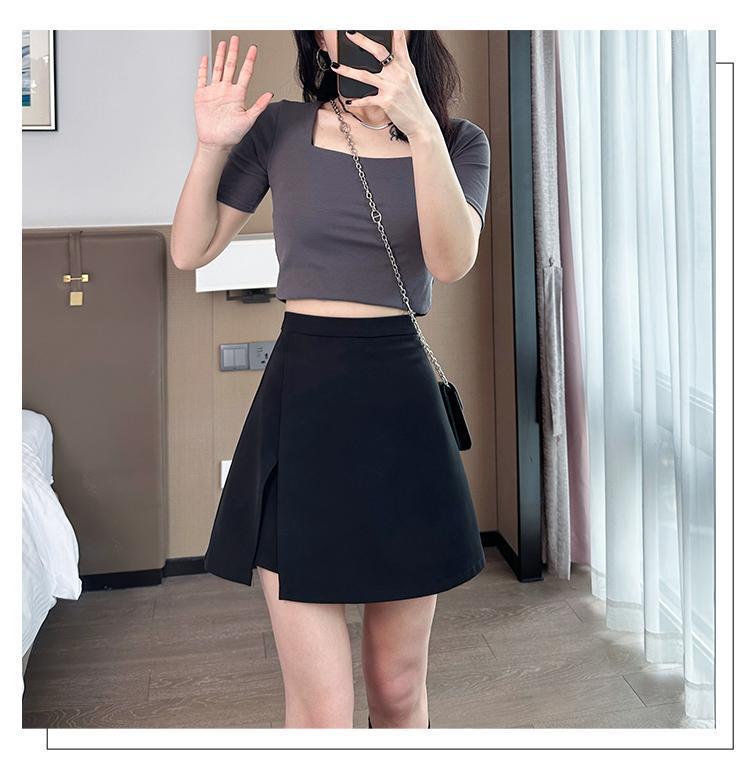 Kadınlar İçin 2024 Siyah Yüksek Bel A Kesim Etek Açık Bacak Yırtmaçlı