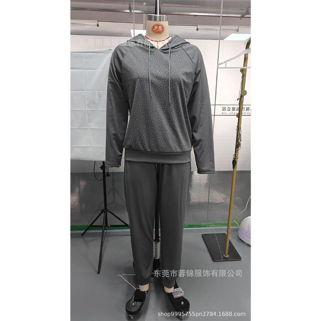 Women's Sets Plus Size Solid Color Long Sleeves with Pockets Rhinestone Hooded Sweatshirt Trousers 2 Piece Set