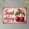 Timeless Retro Cherry & Pink Bow Metal Tin Sign. The "Sweet as Cherry Pie" wall art is a timeless piece of decor for the home