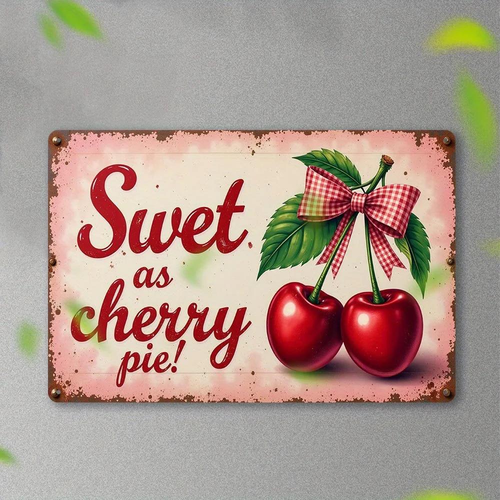 Timeless Retro Cherry & Pink Bow Metal Tin Sign. The "Sweet as Cherry Pie" wall art is a timeless piece of decor for the home