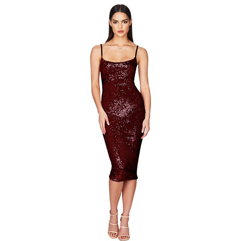 Dámské přiléhavé šaty střední délky s flitry Letní bez rukávů halter šaty