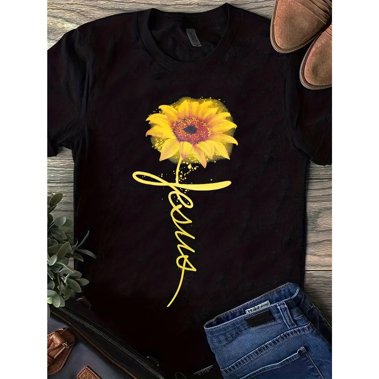 

Sunflower Print Crew Neck T-Shirt, Casual Short Sleeve Top For Spring & Summer, Women s Clothing S чёрный