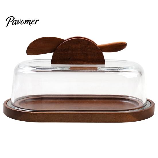 Japanese Style Butter Tray Wooden Dish with Glass Lid And Knife, Holder for Kitchen Spreader Countertop & Refrigerator, Keeper Tray, Container, Cheese