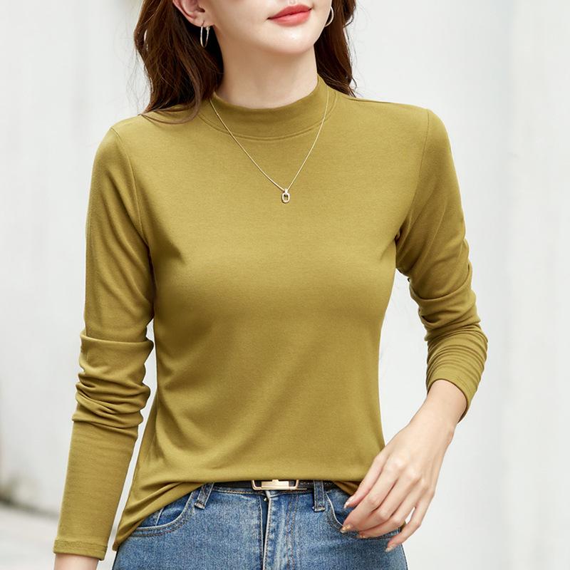 Camiseta de Terciopelo de Cuello Alto de Manga Larga para Mujer de Color Sólido - Top Versátil y Elegante para Otoño/Invierno