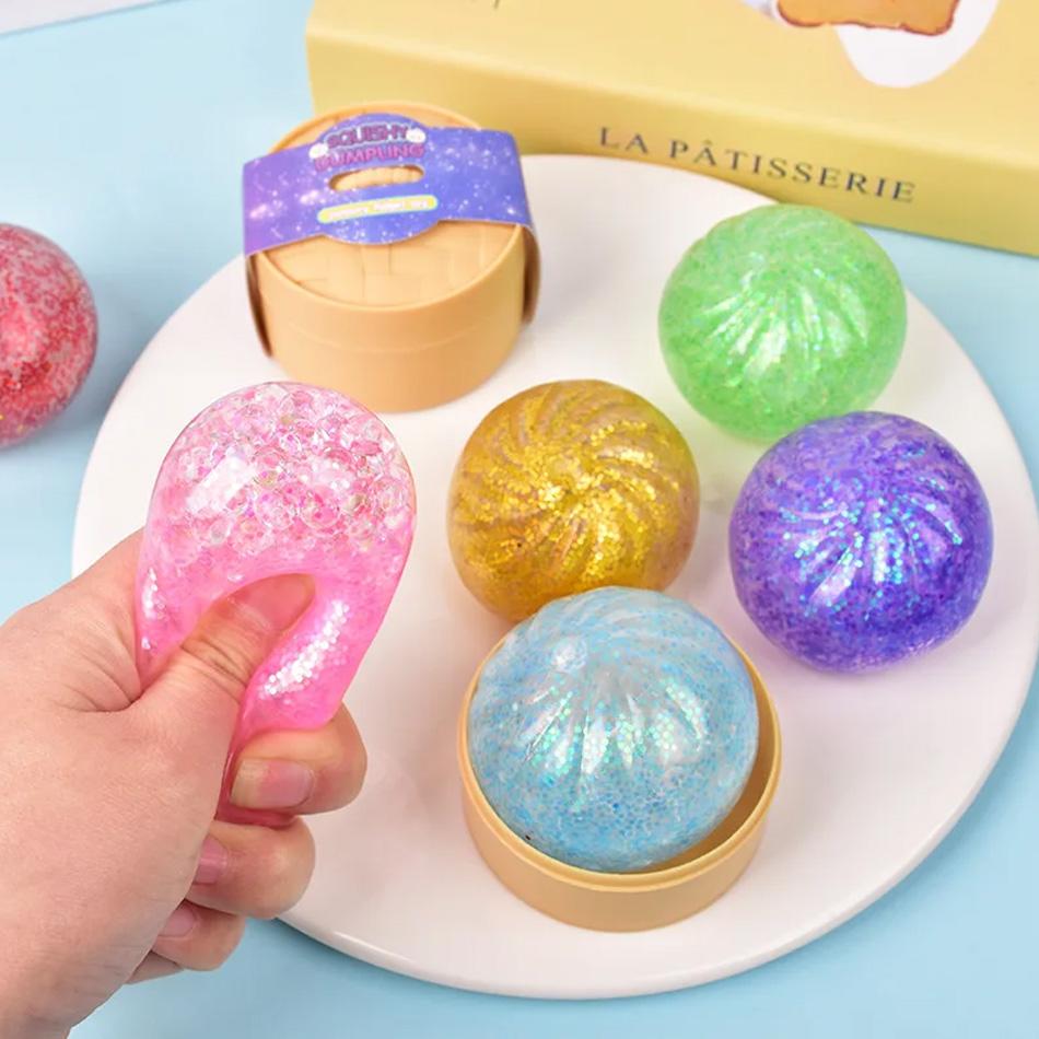 Glitter Squeeze dumpling squishie Toy Kawaii Steamed Bun Stress with Steamer Box Soft TPR Squishy for Kids Adults Anxiety Relief
