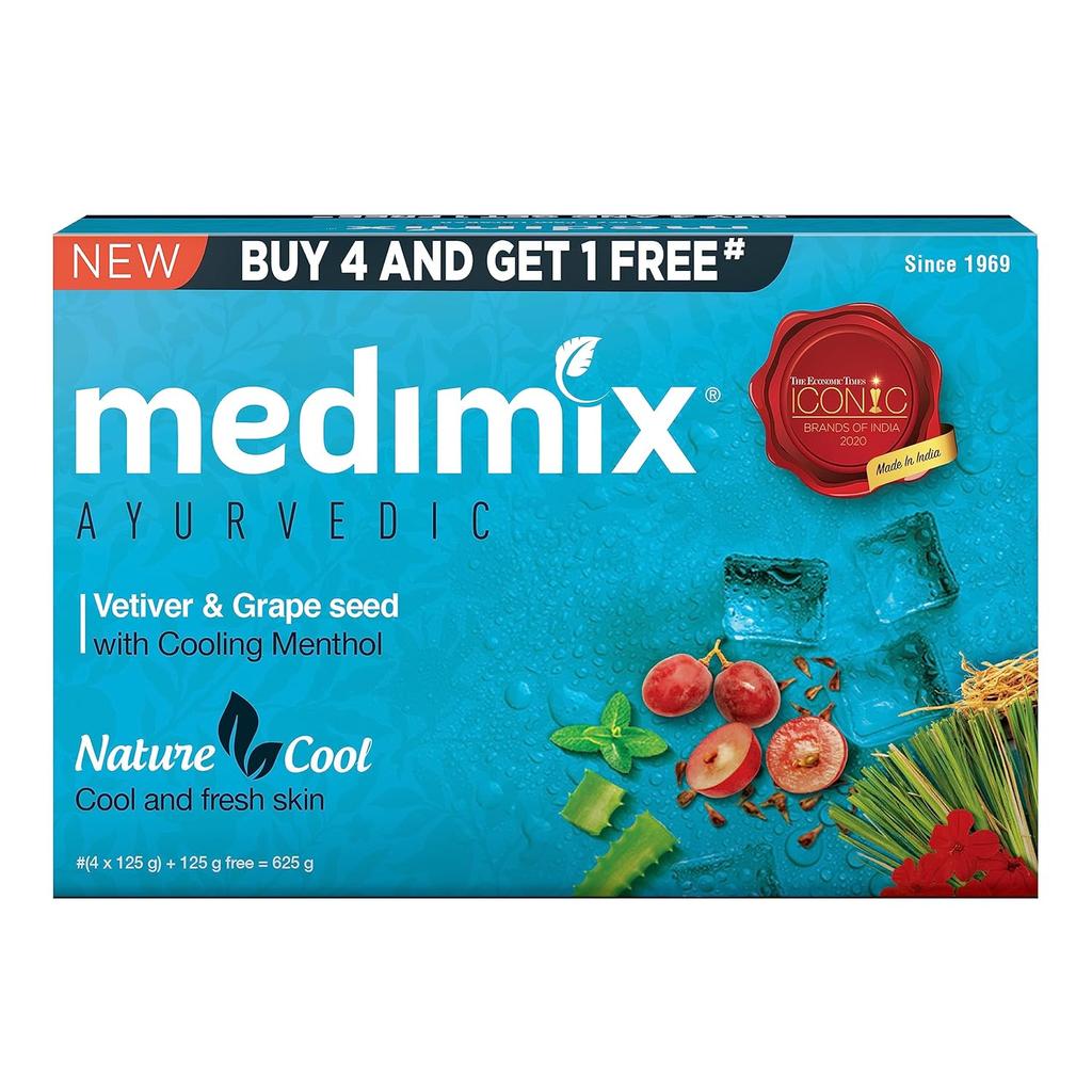 Medimix Ayurvedic Cool Bathing Soap 125Gx 5 Soap With Menthol Vetiver Grape Seed Natural Vegan Combo Pack