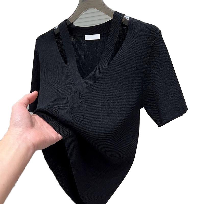 Summer 2025 Ice Silk V-Neck Hollow Slimming T-Shirt