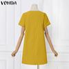 VONDA Ladies Summer Round Neck Short Sleeve Slit Pearl Button Straight Solid Colour Short Dresses