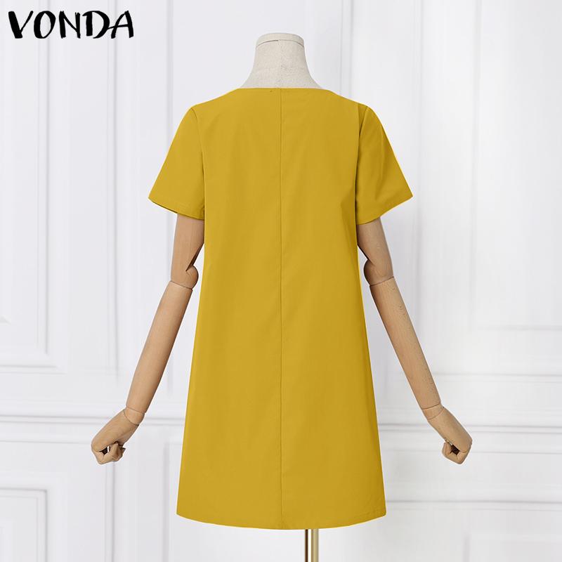 VONDA Ladies Summer Round Neck Short Sleeve Slit Pearl Button Straight Solid Colour Short Dresses