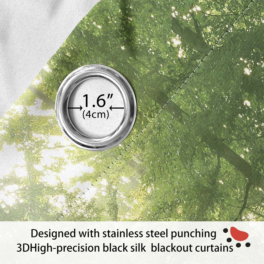 2PC High Blackout Perforated Curtains, Double-sided Matte, Bedroom, Balcony, Living Room, Fresh Green Forest Print